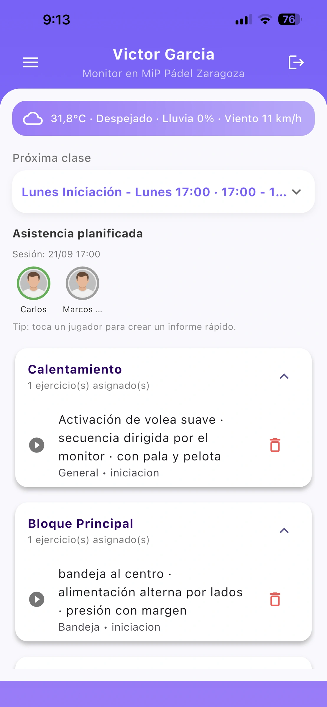 Captura real de MiP Pádel · Monitor
