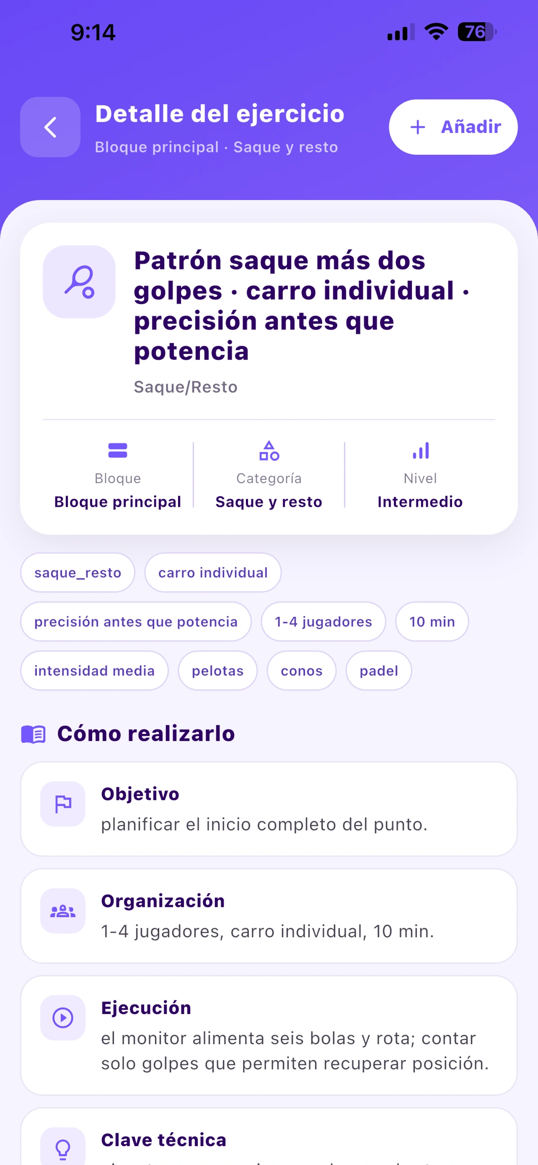 Ficha real de ejercicio MiP Pádel con objetivos y organización