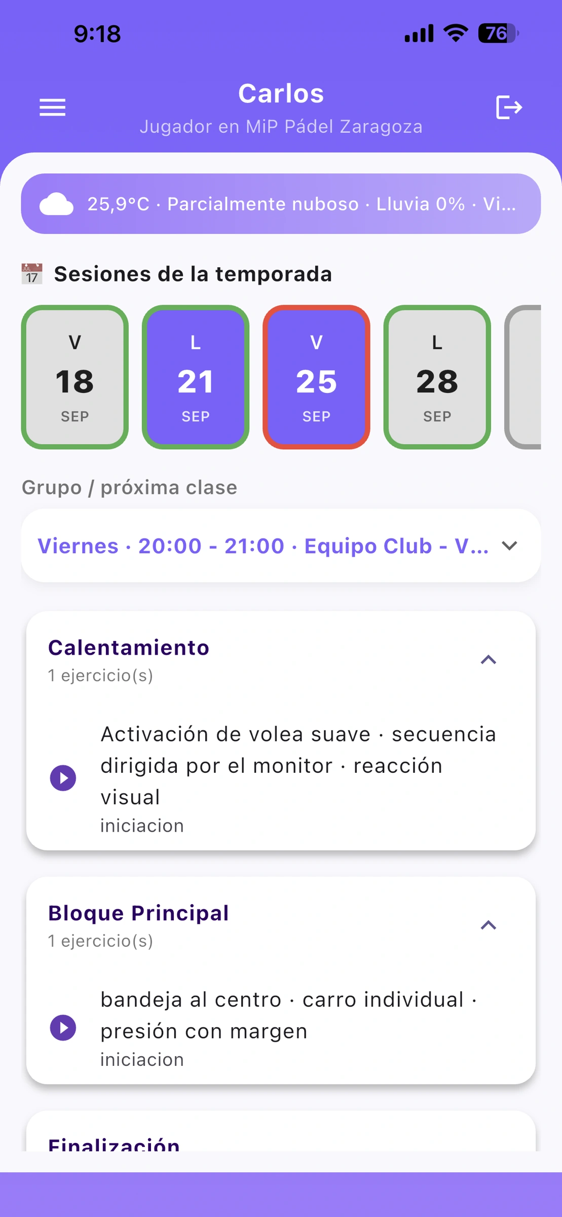 Captura real de MiP Pádel · Jugador